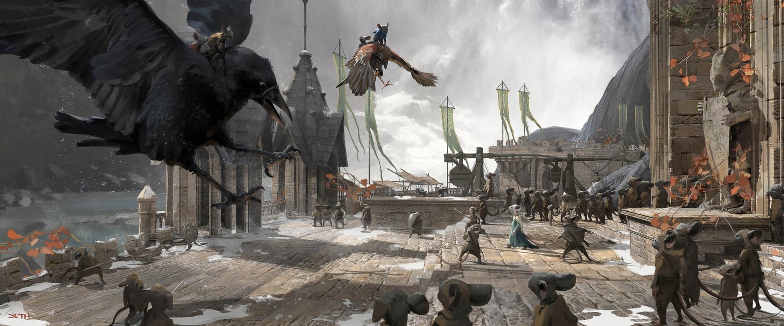 Mouse Guard Concept Art BirdsArrivingAtLockhaven SethEngstrom